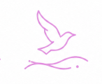 Purple line drawing of a bird flying above two wavy lines on a white background.