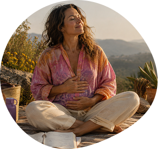 Woman sits cross-legged outdoors with closed eyes, one hand on her chest and one on her stomach, appearing relaxed. An open notebook and mug are nearby.