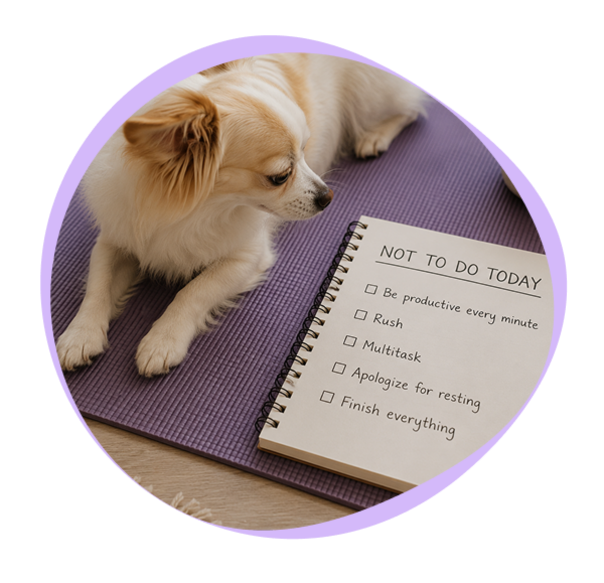 A small dog lies on a yoga mat next to an open notebook with a “Not to Do Today” checklist written on the page.