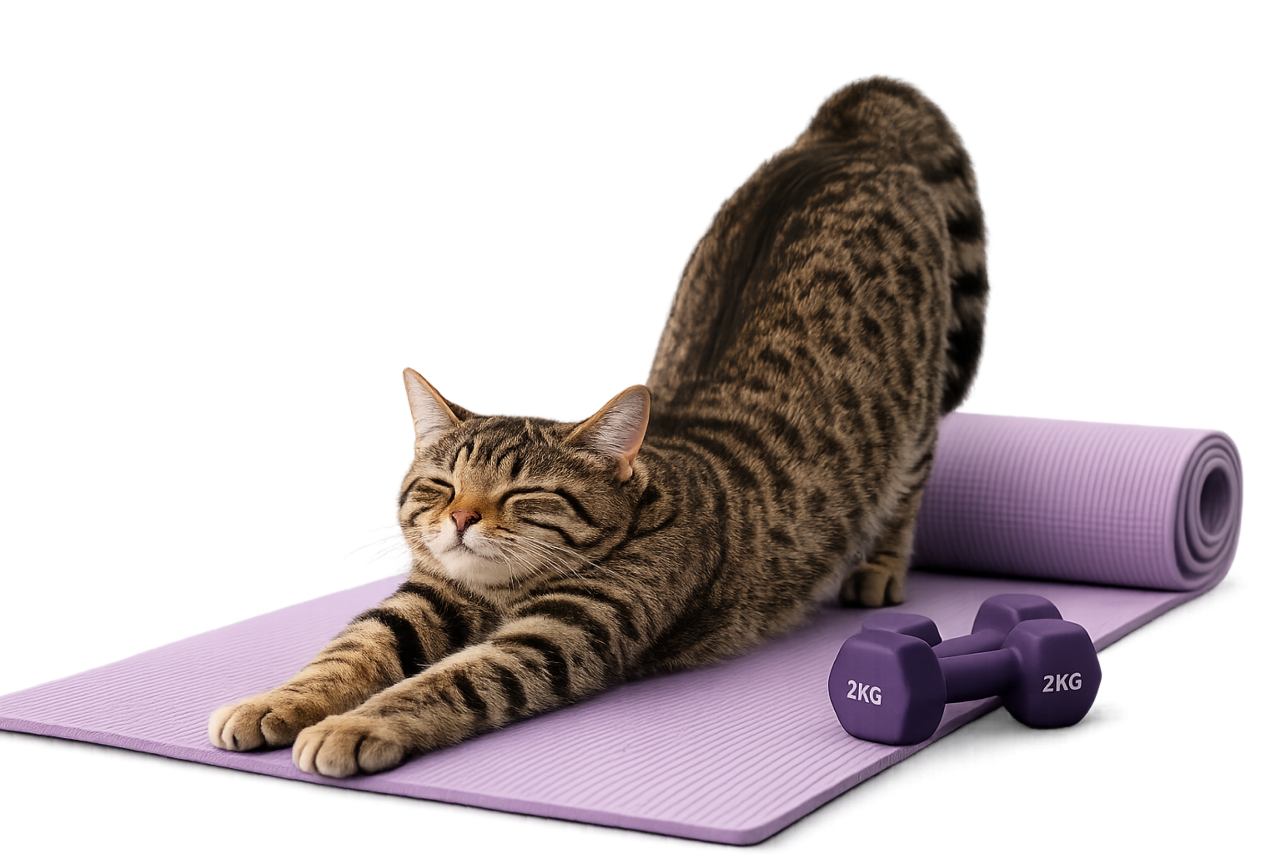 A tabby cat stretches on a purple yoga mat next to two purple 2 kg dumbbells, on a white background.