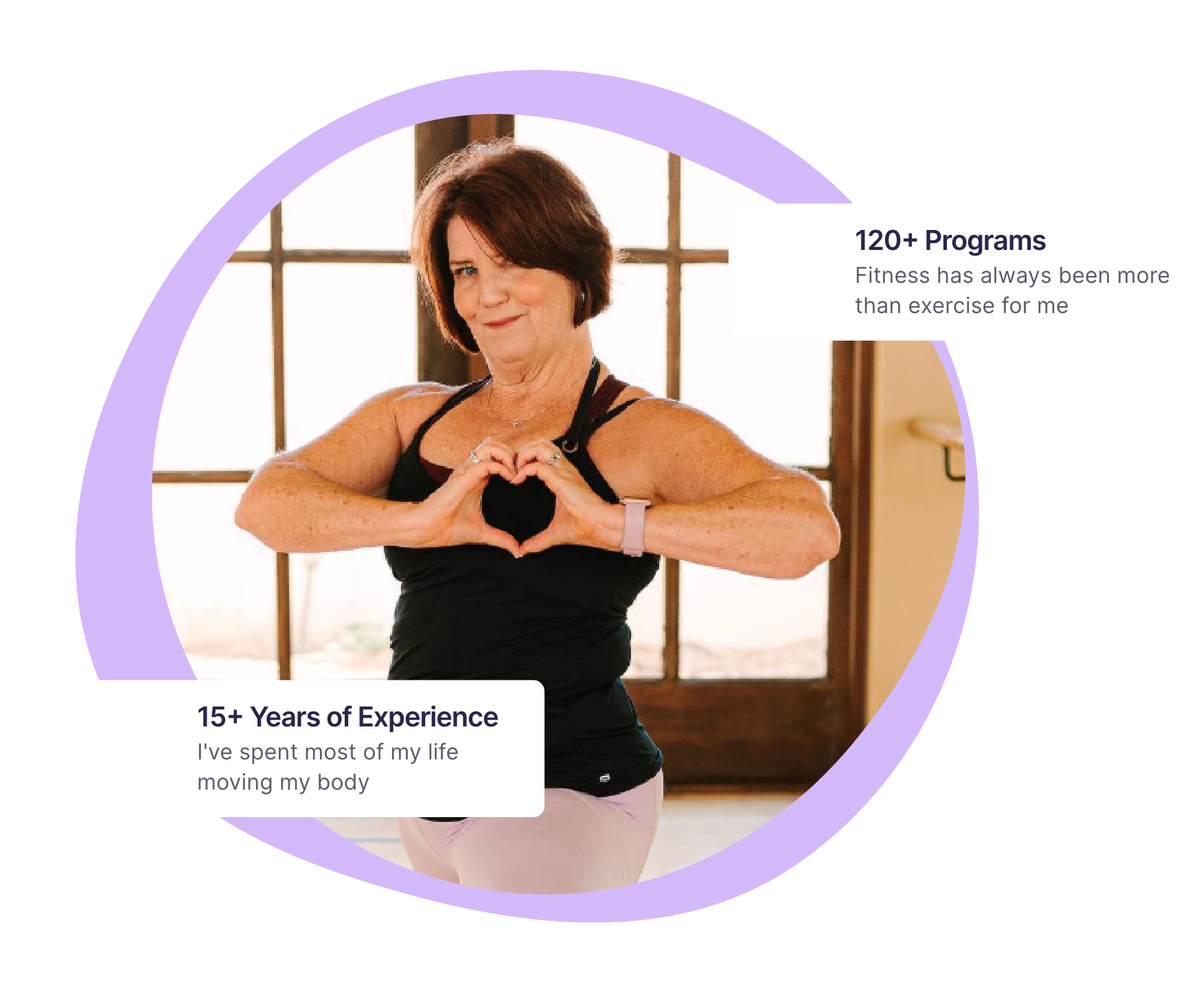 Middle-aged woman in workout clothes makes a heart shape with her hands. Text highlights her 15+ years of experience and 120+ fitness programs.