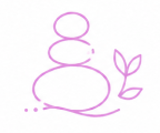 A simple pink line drawing of three stacked stones next to a small plant with two leaves, on a white background.
