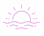 Simple line drawing of a sun rising or setting over wavy water, depicted in light purple on a white background.