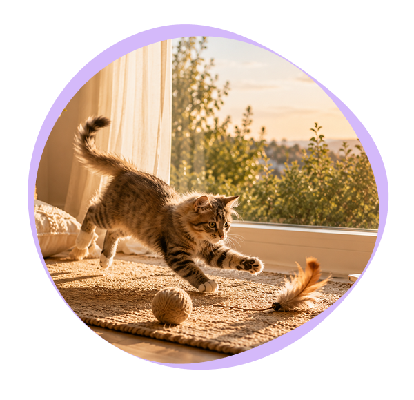 A tabby kitten pounces toward a feather toy on a sunlit rug near a window, with a ball of twine nearby.